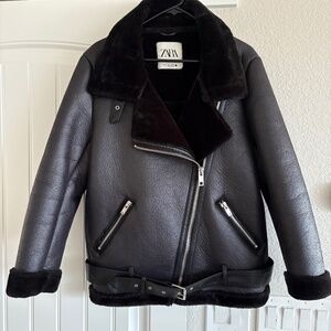 New Zara Black Biker/Moto Jacket Faux Suede and Shearling Large L